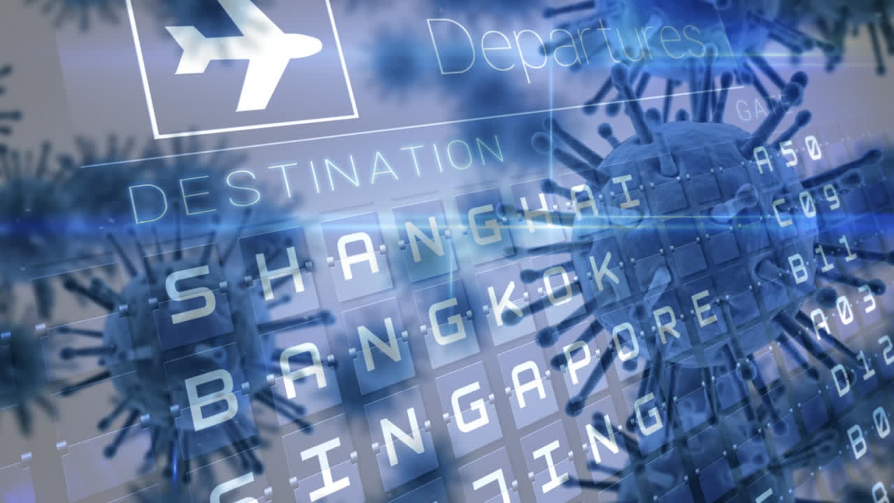 출발 보드 위에 퍼지는 거대 코로나바이러스 코로나19 세포의 애니메이션