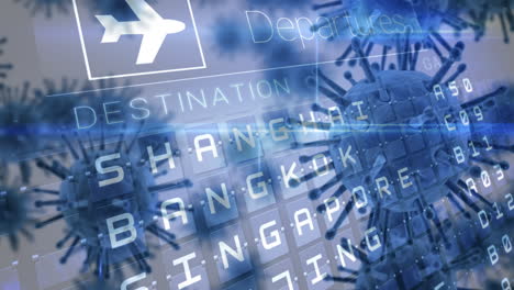 animation of macro coronavirus covid-19 cells spreading over a departure board