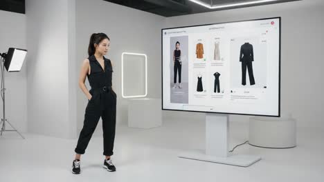 a fashion presentation featuring styled outfits on a display, showcasing various clothing options with a model standing confidently in a modern studio setting