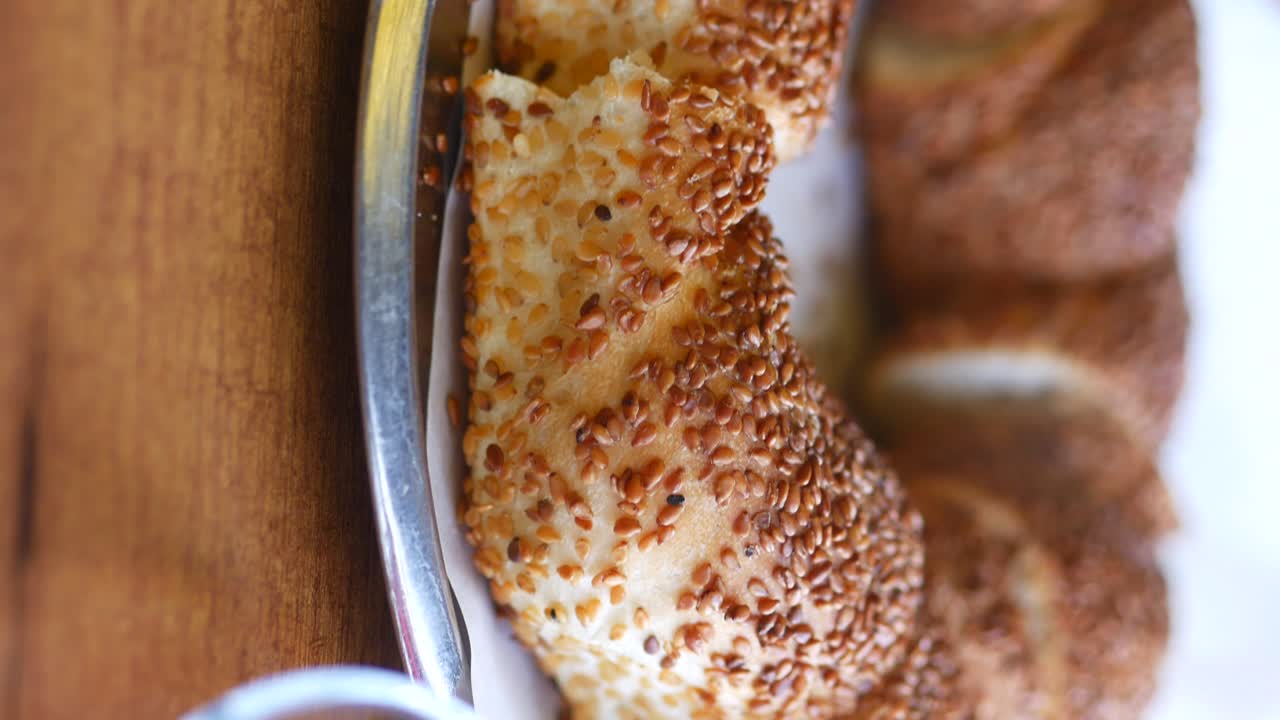Close-up of a sesame-covered Turkish simit