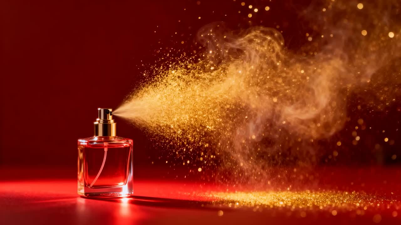 Hand pressing perfume bottle's gold head, spraying mist over studio red table for ad, copy space
