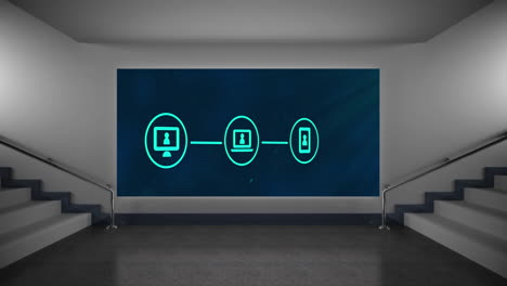 animación de iconos de teléfonos, portátiles y computadoras que forman un diagrama de flujo sobre la pared azul en un edificio de oficinas