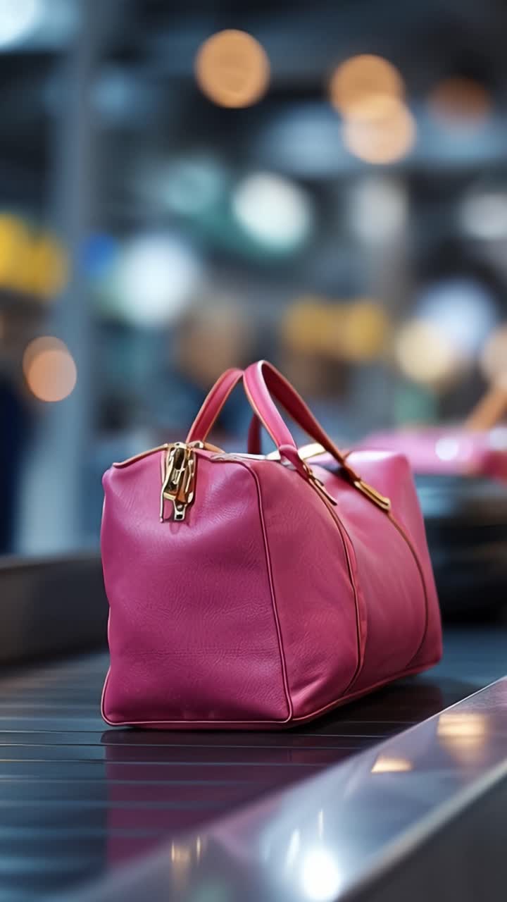 Elegante borsetta rosa su un nastro trasportatore in un centro di trasporto ben illuminato, che mostra la moda moderna e gli elementi di design contemporaneo.