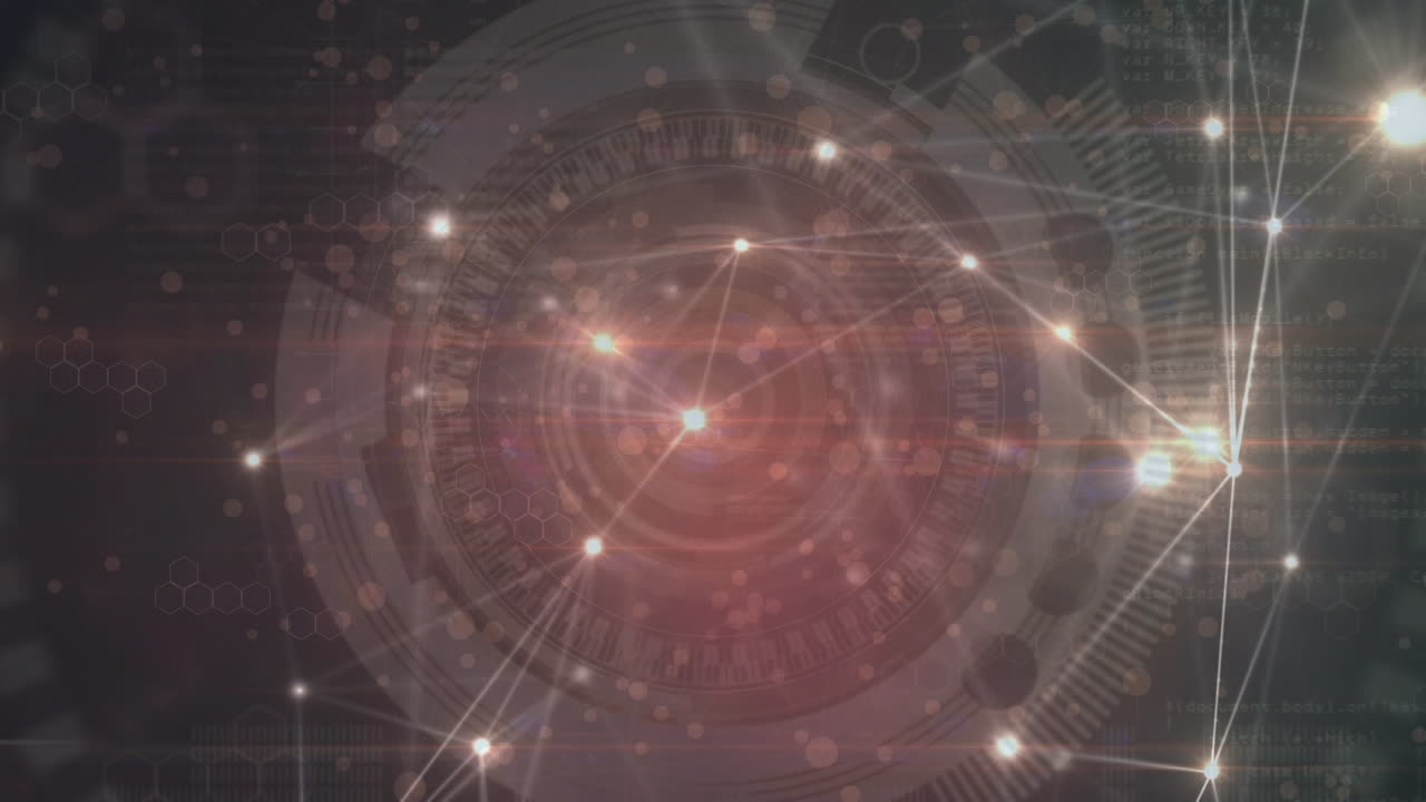 animación de la red de conexiones con puntos de luz sobre el escaneo del alcance en fondo negro