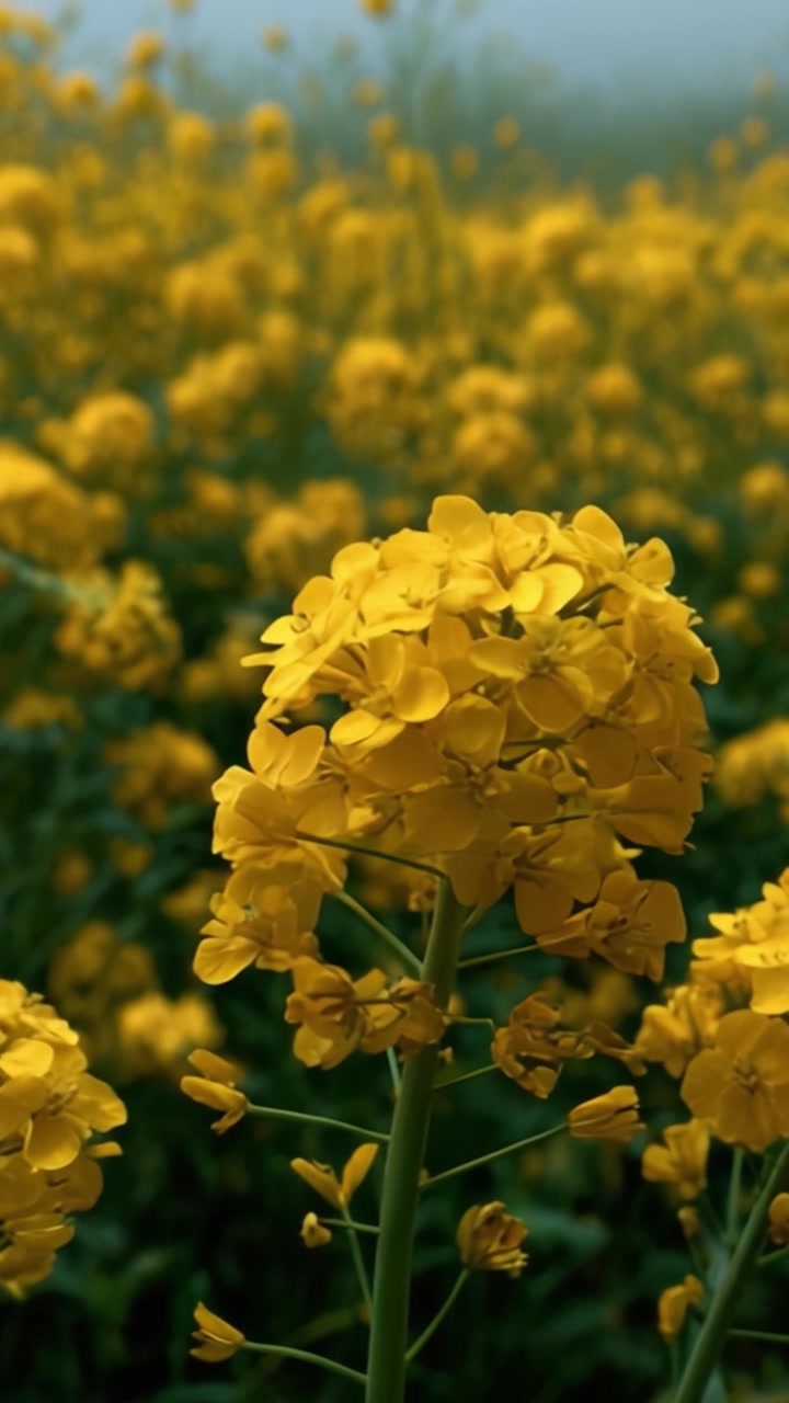 Et levende felt af gule blomster fanget i morgenlyset, der viser naturens skønhed med delikate blomster mod en blød baggrund af frodigt grønt.