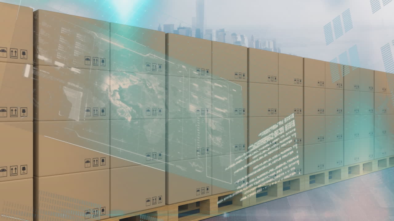 데이터 처리와 디지털 인터페이스 배달 상자 스택에 대항