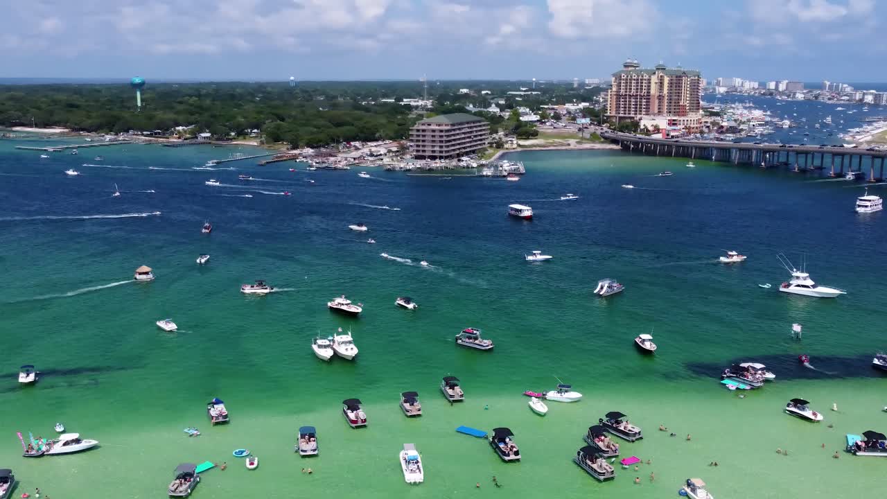 Crab Island in Destin, Florida. Cinematic Aerial view of Crab Island, Destin Florida full of pontoon boats, yatchs and people over the holiday. famous for its shallow waters, vibrant sandbars