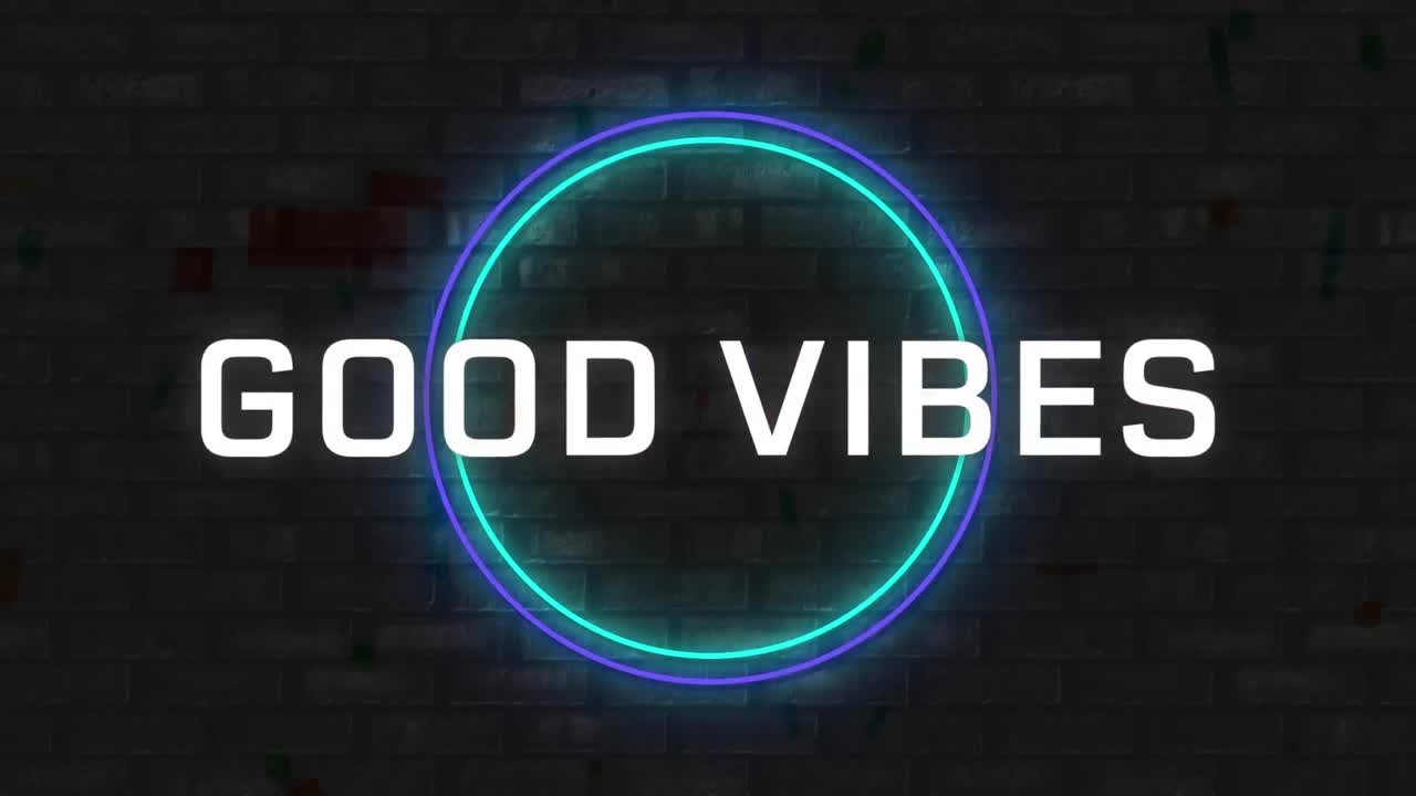 animación de texto de buenas vibraciones sobre dos círculos de neón
