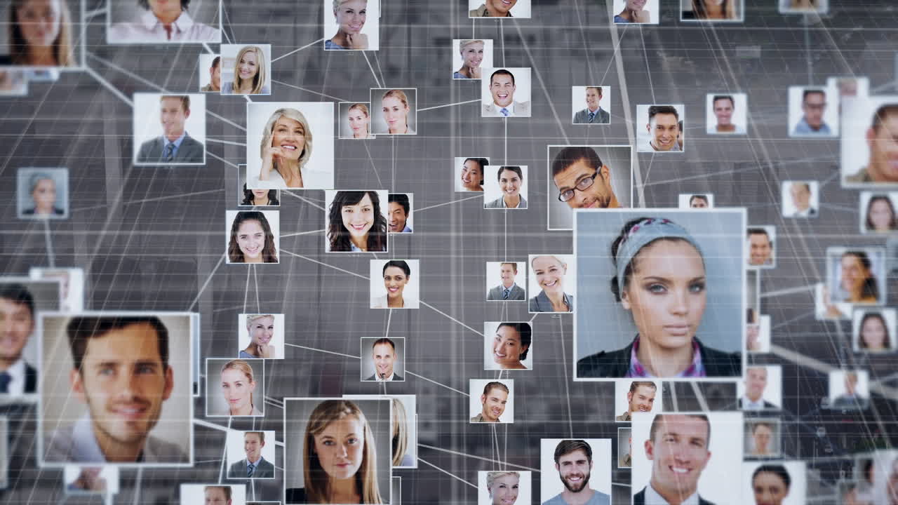 animación de la red de conexiones con personas fotos sobre el paisaje urbano