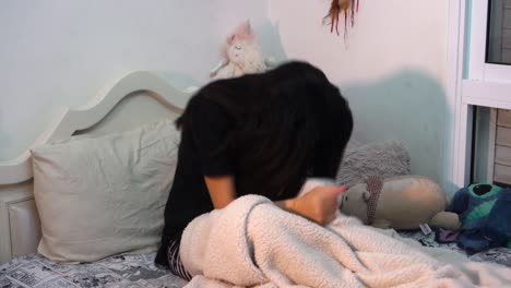 depressed girl throws her teddy bear