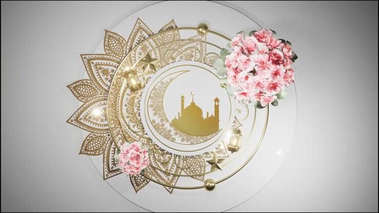Sfondo islamico animato 4K con motivi arabi a mandala rotanti. Mandala, motivo arabo e lanterna. Cerchio rotante su sfondo di piatto bianco con fiori.