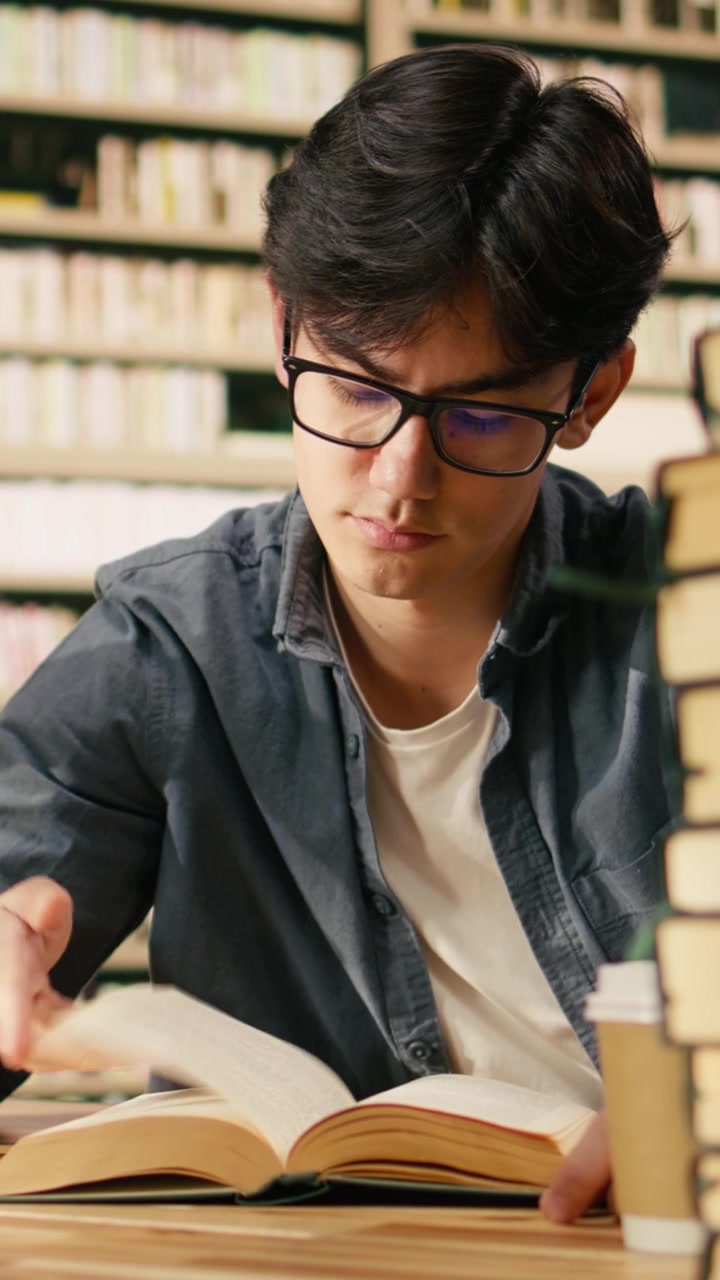 Vertikal video: Frustrert mannlig student holder hodet over åpen bok ved bibliotekspulten