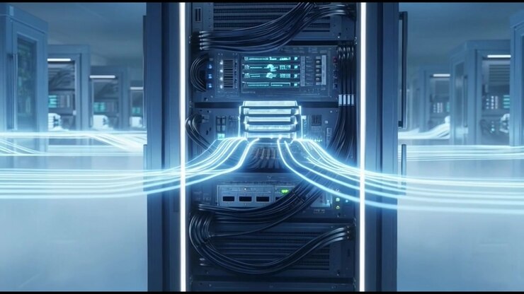 Data Center Server Rack with Glowing Digital Information Flow