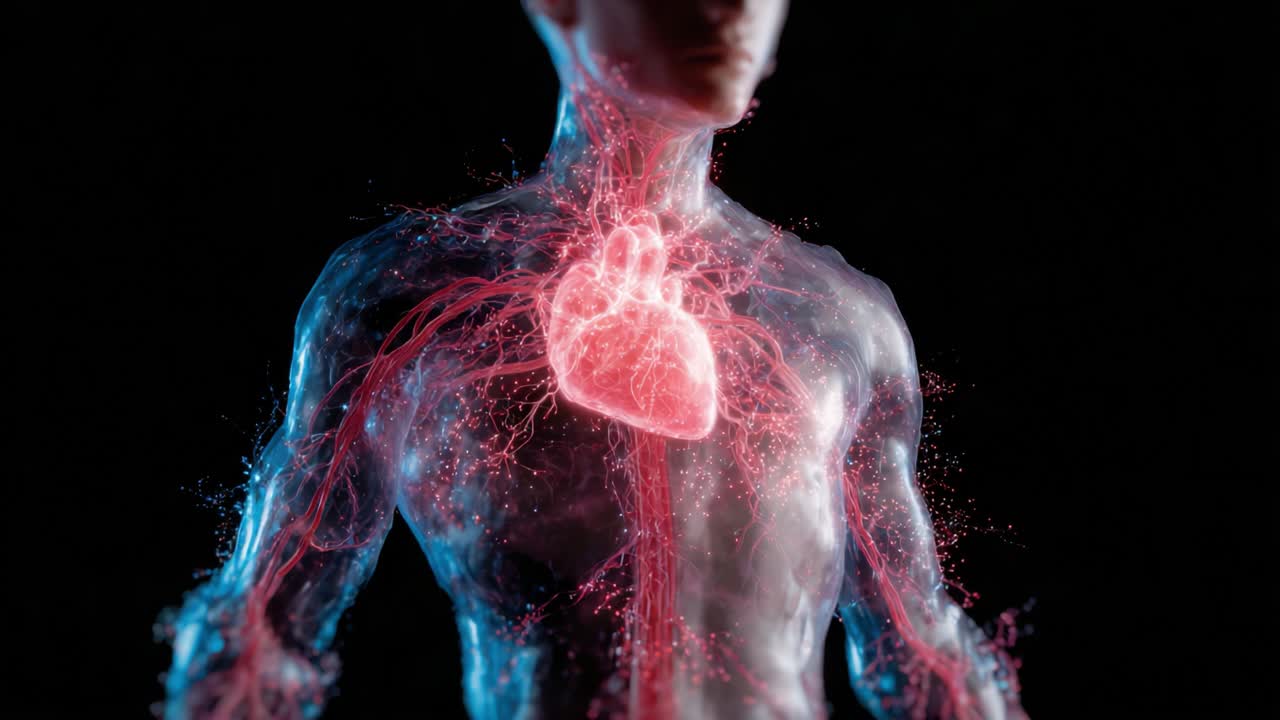 Una straordinaria rappresentazione visiva del cuore umano e del sistema circolatorio, che evidenzia la connessione tra anatomia e vitalità in uno stile astratto