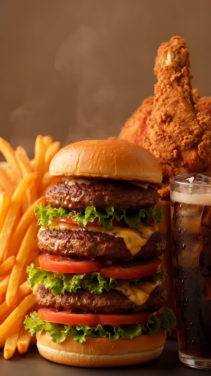 Burger 4K Fast Food with Crispy Fried Chicken and French Fries Cinematic Background