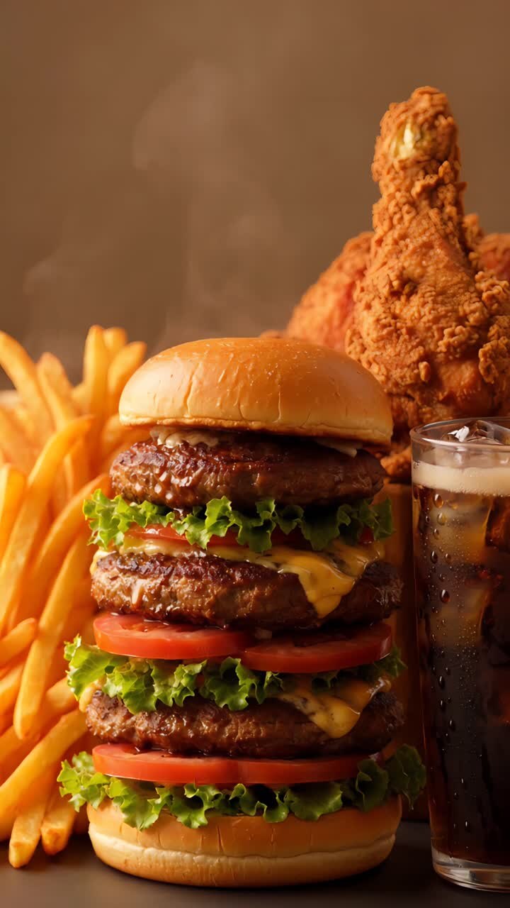 Burger 4K Fast Food with Crispy Fried Chicken and French Fries Cinematic Background