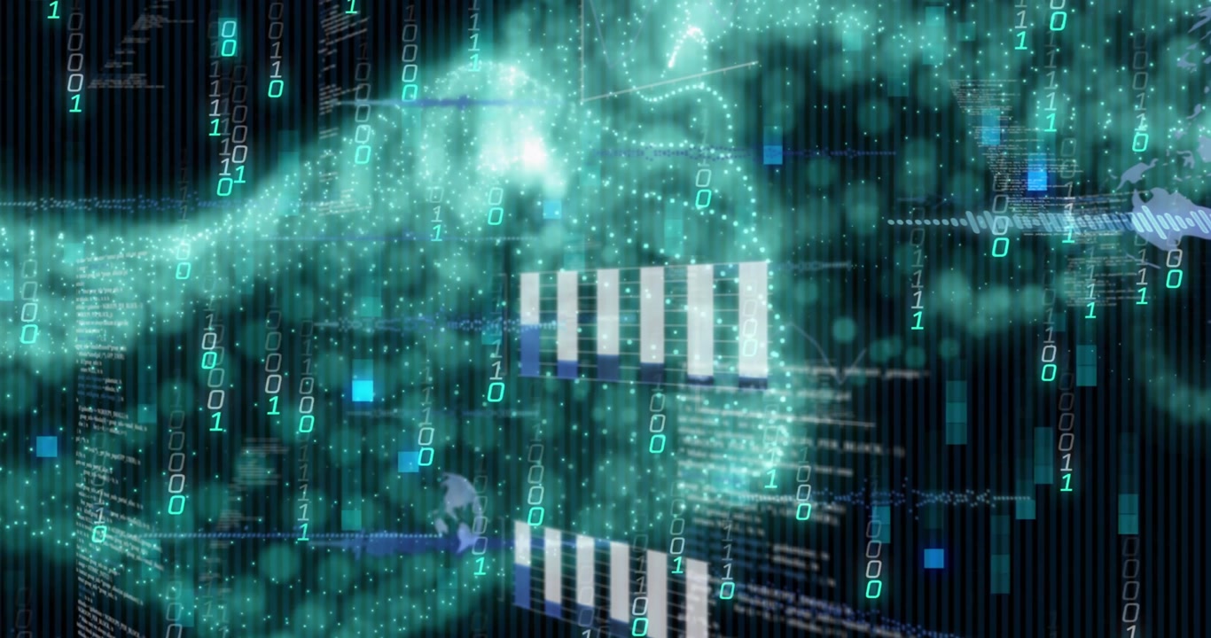 Animation of binary codes, graphs, globes and computer language over dynamic waves