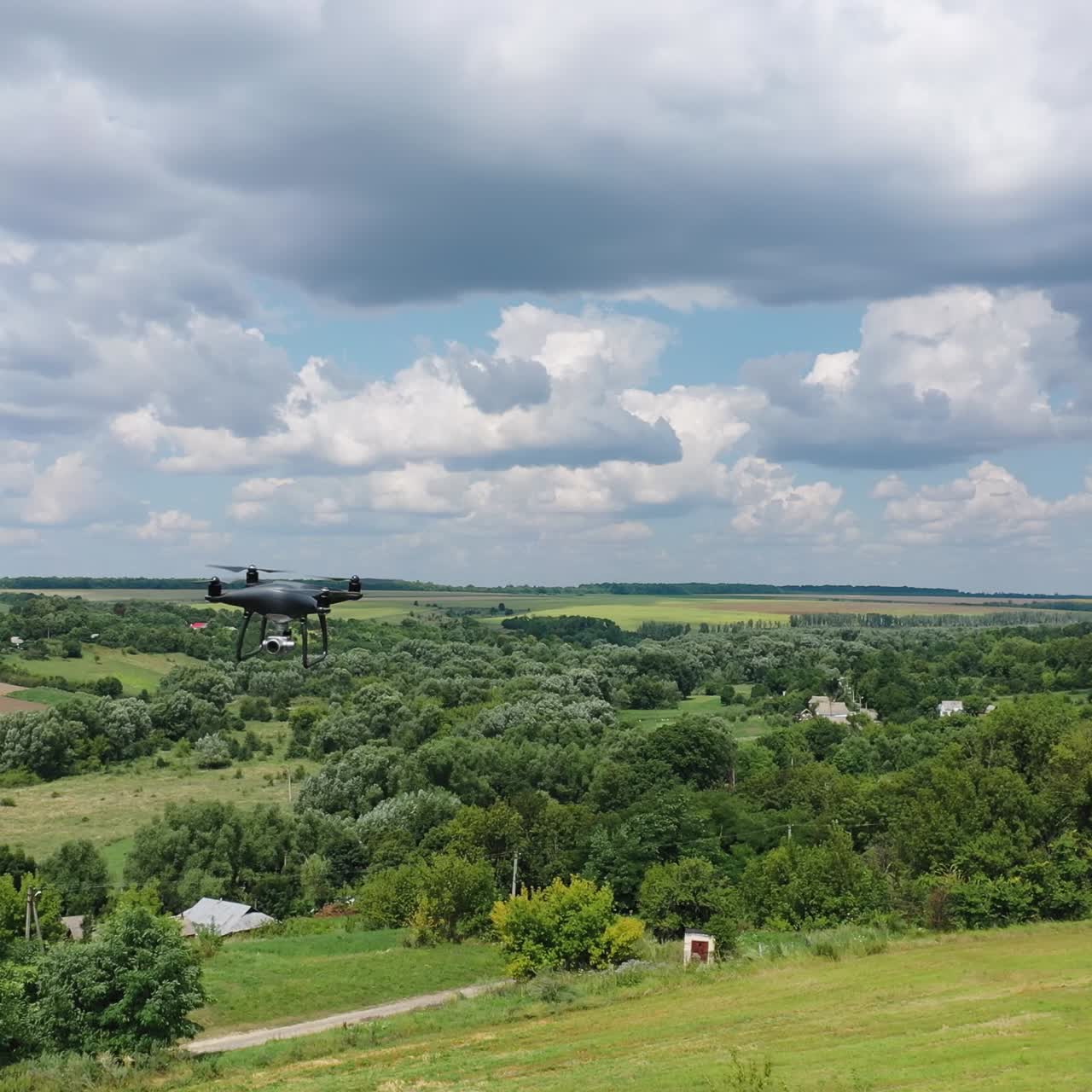 Electric drone flies in the sky