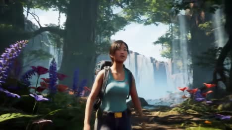 a traveler journeys through a lush forest filled with vibrant flowers. majestic waterfalls cascade in the background, creating a serene atmosphere perfect for exploration.