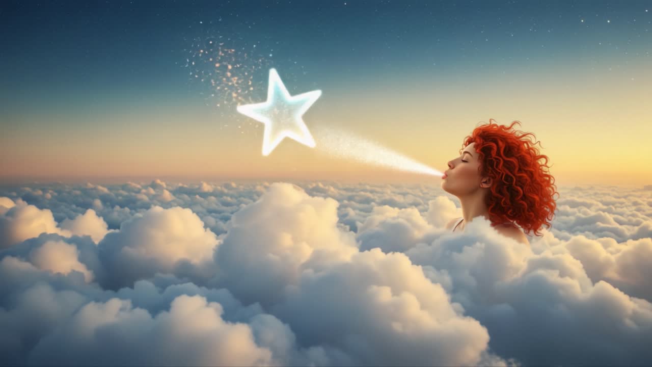 A Dreamy Journey Through the Clouds: A Whimsical Character Breathes Life into Stars, Transforming the Sky into a Magical Realm of Wonder and Imagination