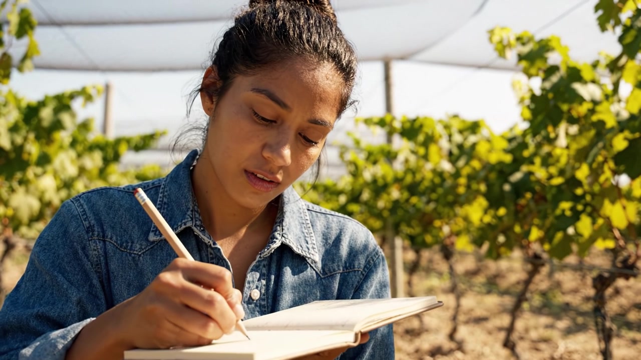 Giovane donna che scrive nel suo quaderno in una giornata di sole in un vigneto, profondamente immersa nella riflessione o nella creatività tra rigogliosi vitigni verdi e la bellezza naturale