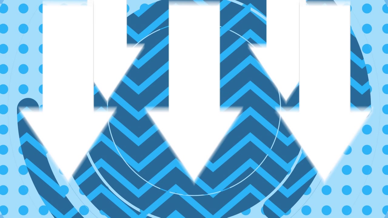 Downward white arrows over moving blue shapes