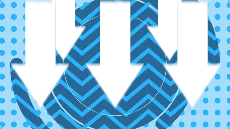 Downward white arrows over moving blue shapes