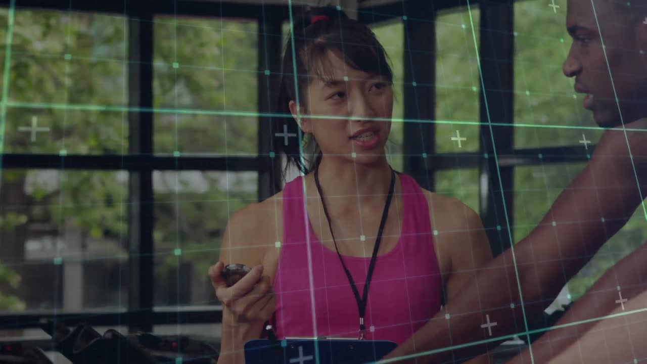 animación de personas que hacen ejercicio sobre la rejilla