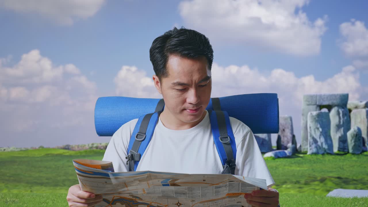 Close Up Of Asian Male Hiker With Mountaineering Backpack Looking At The Map Then Smiling To Camera While Traveling In Stonehenge