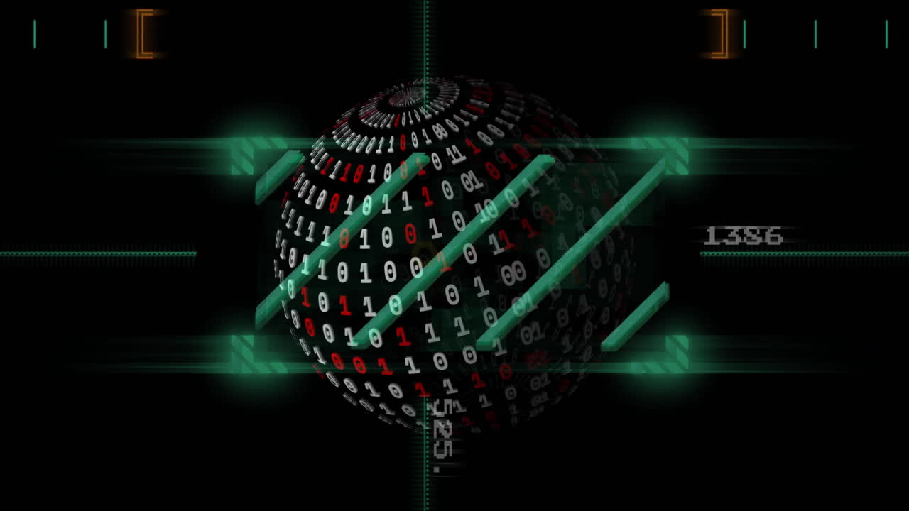 animación de globos giratorios y formas en codificación binaria