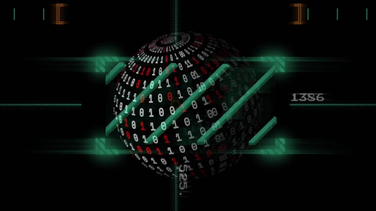 Animation of spinning globe and shapes over binary coding