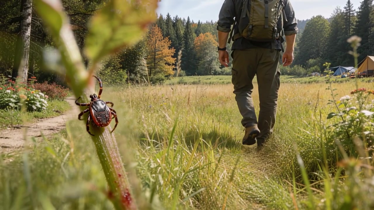 Right-foot lifting hiker walking along meadow path toward campsite backpack, boots, tick-laden stem