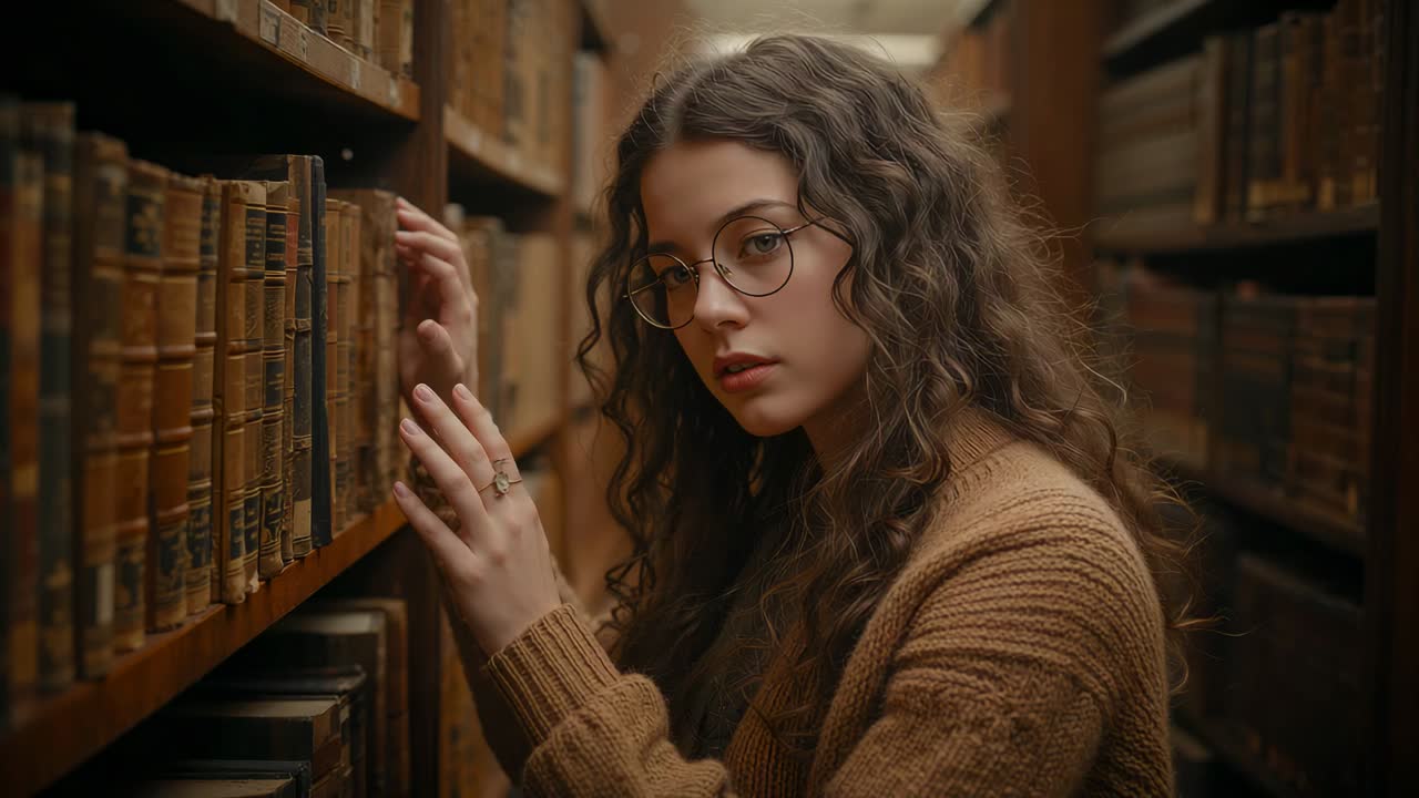 Individua il dorso, lettore con maglione color tan e occhiali, traccia libri e cerca uno scaffale nel corridoio della biblioteca
