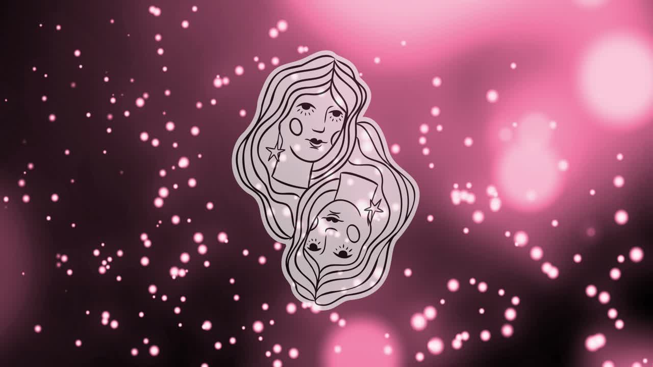 Animação de rostos femininos do signo de Gêmeos contra partículas rosa iluminadas e reflexo de lente