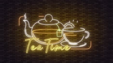un letrero de neón que muestra una animación de preparación del té.