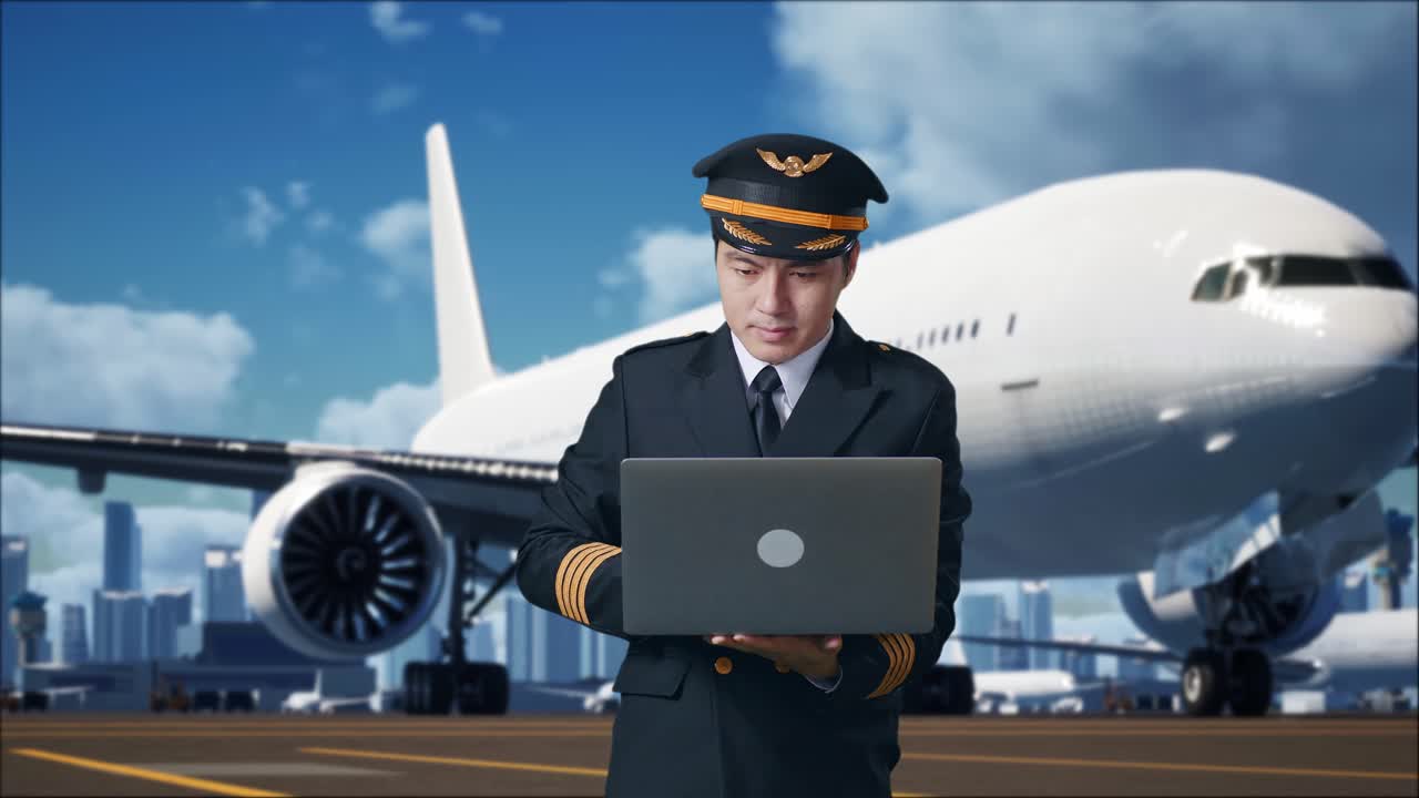 공항에서 노트북으로 작업하는 조종사
