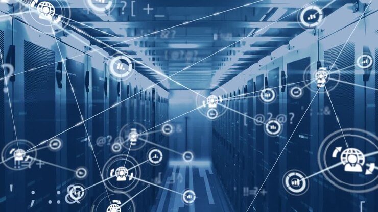 Animation of network of connections with icons over computer servers