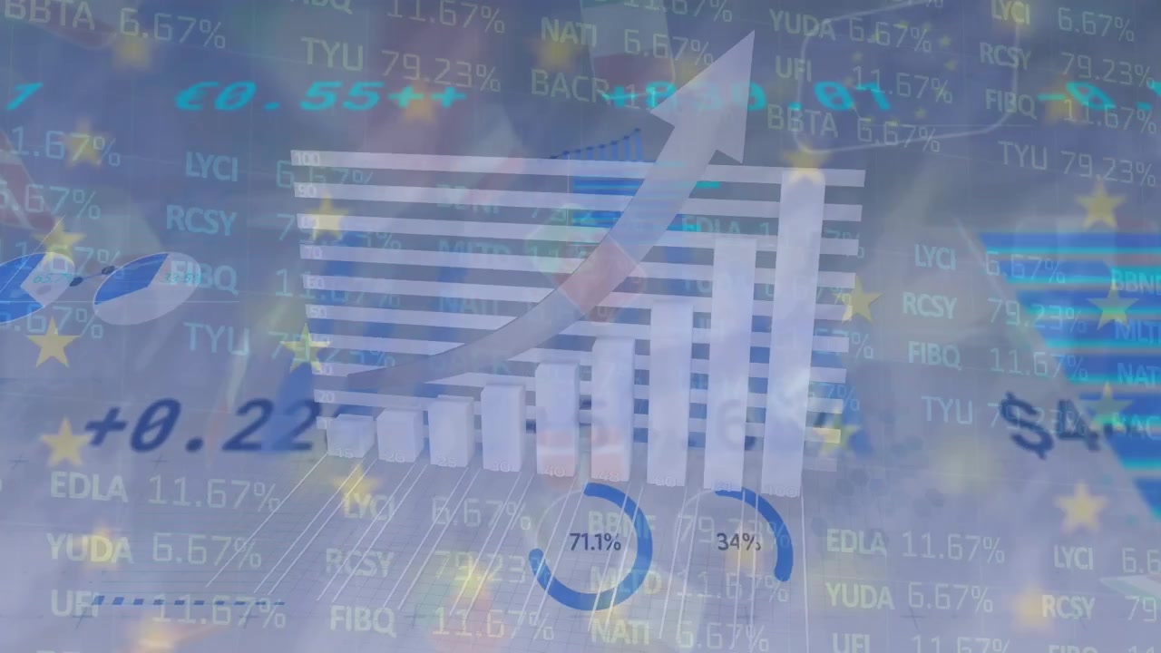 Animaatio erilaisista taloustiedoista ja -kaavioista Euroopan unionin lipun yllä