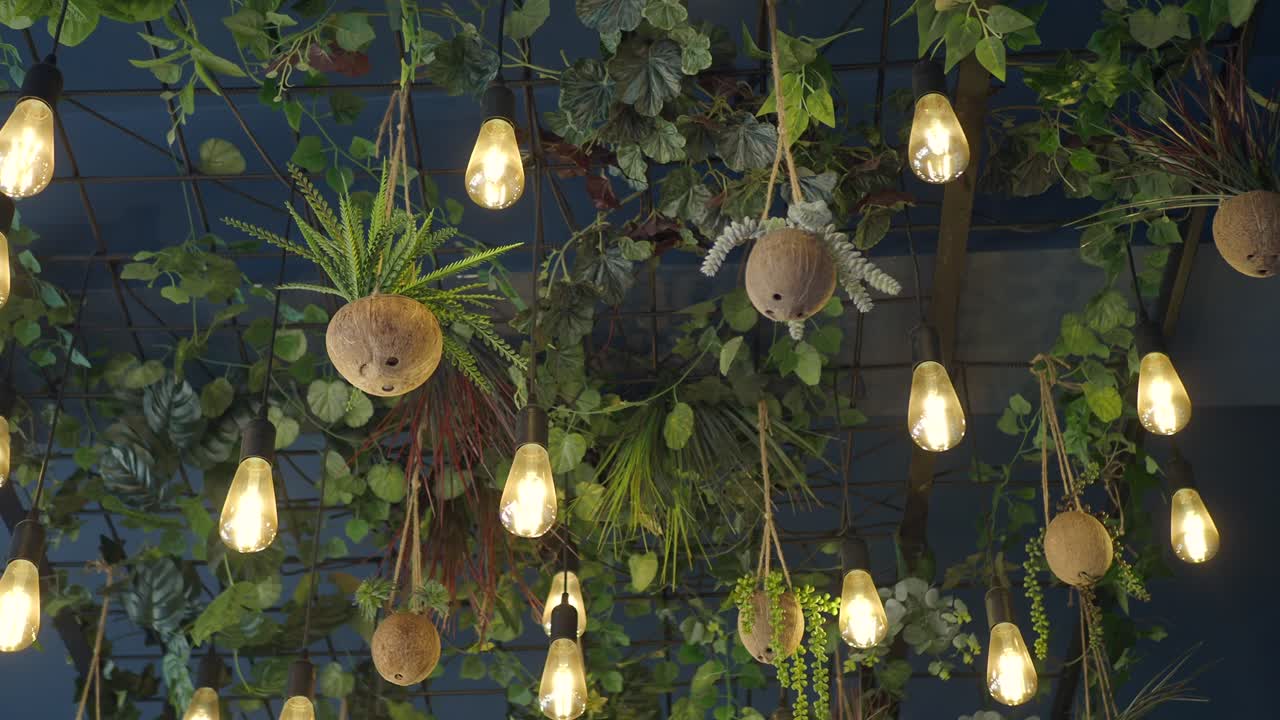 Tropical-themed ceiling lights and plants