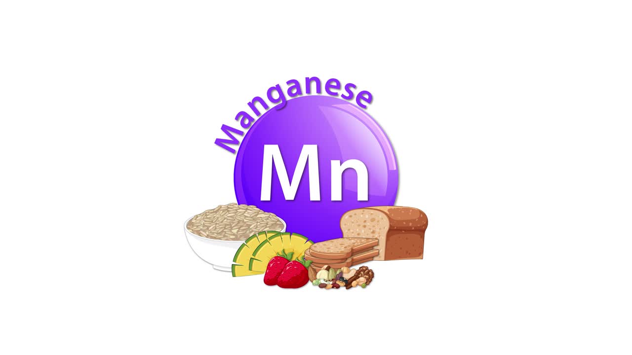 A purple manganese element icon appears, followed by whole grains, bread, nuts, and fruit, illustrating dietary sources with smooth, clean transitions on white