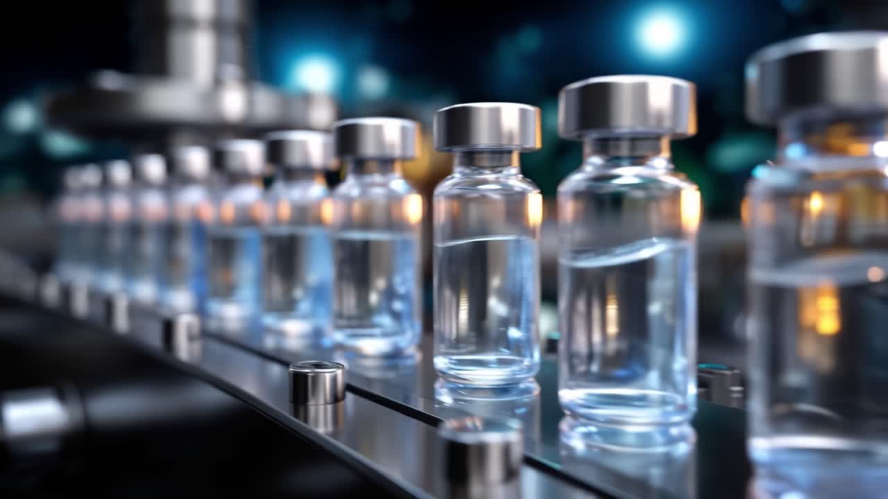 Una vista ravvicinata di fiale di vetro su un nastro trasportatore in un ambiente di laboratorio, che mostra il processo di riempimento e preparazione di soluzioni farmaceutiche per la distribuzione.