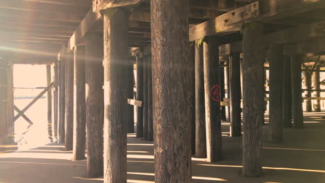 atmospheric beautiful scenery underneath a dock in charleston oregon with sun flare, rays and shadows at sunrise, boats in the background