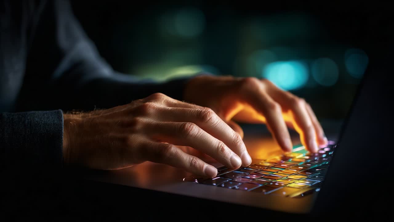 A Close-Up View of Hands Typing on a Laptop Keyboard at Night, Illuminated by Colorful Backlighting Creating a Dynamic Atmosphere of Digital Engagement and Modern Technology Usage