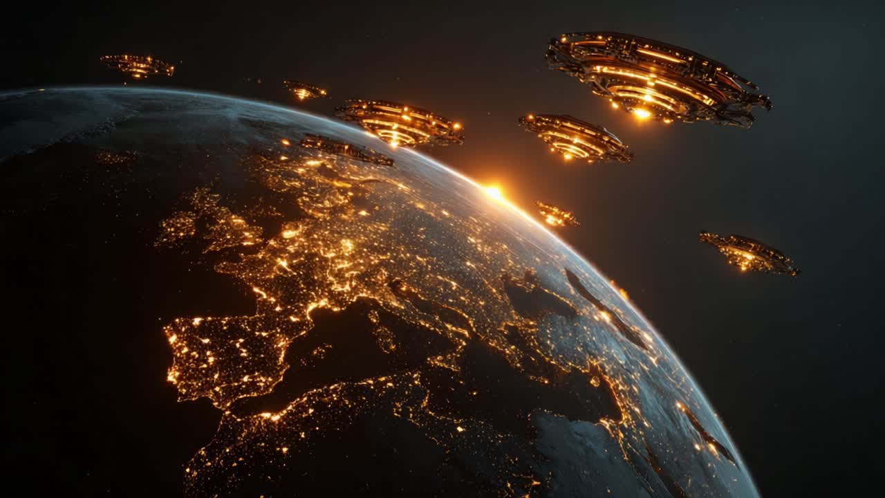Giant fleet of unidentified flying objects approaching planet Earth from space, with the city lights of Europe glowing brightly at night during an extraterrestrial invasion scenario