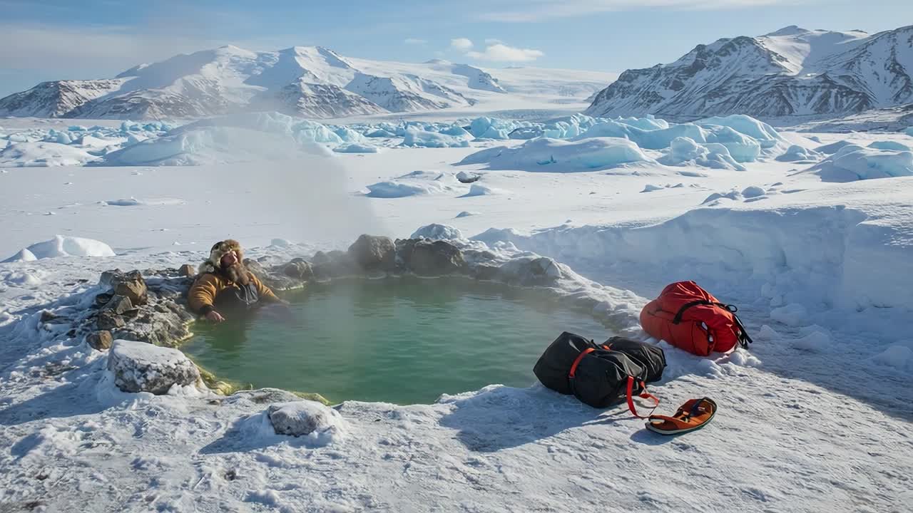 Relaxing in a Natural Hot Spring Surrounded by Majestic Snow-Capped Mountains and Glaciers, Perfectly Blending Adventure and Serenity in the Heart of Nature