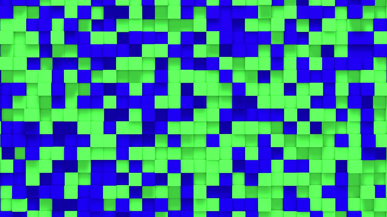 Green blue small box cube random geometric background. Abstract square pixel mosaic illustration. Land block background. Fantasy fractal design. Digital art. 3d animation loop of 4K