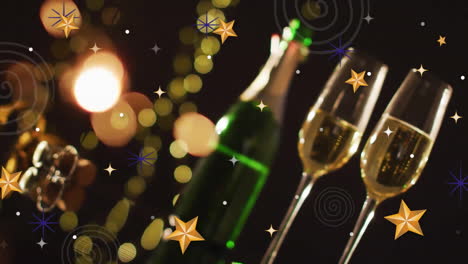 animation of stars over glasses and bottle of champagne with sparkler