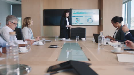 business woman team leader presenting financial data on tv screen sharing project with shareholders briefing colleagues discussing ideas in office boardroom presentation