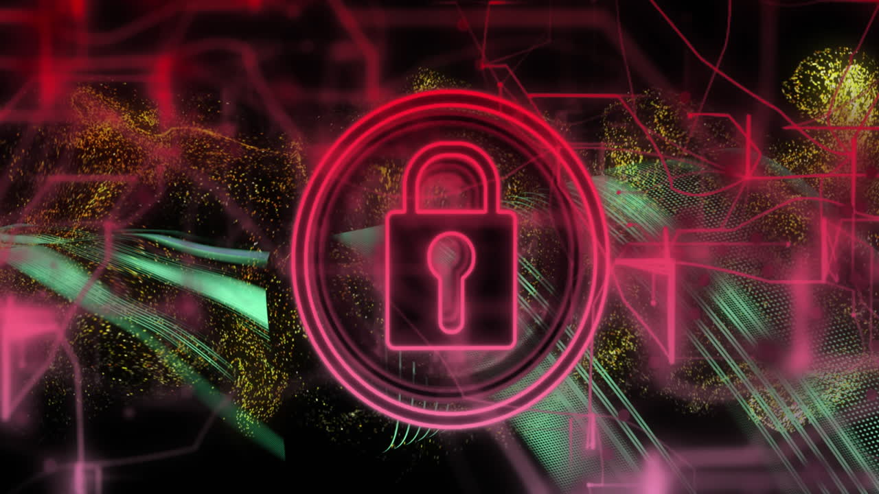 animación del icono del candado y procesamiento de datos en fondo oscuro