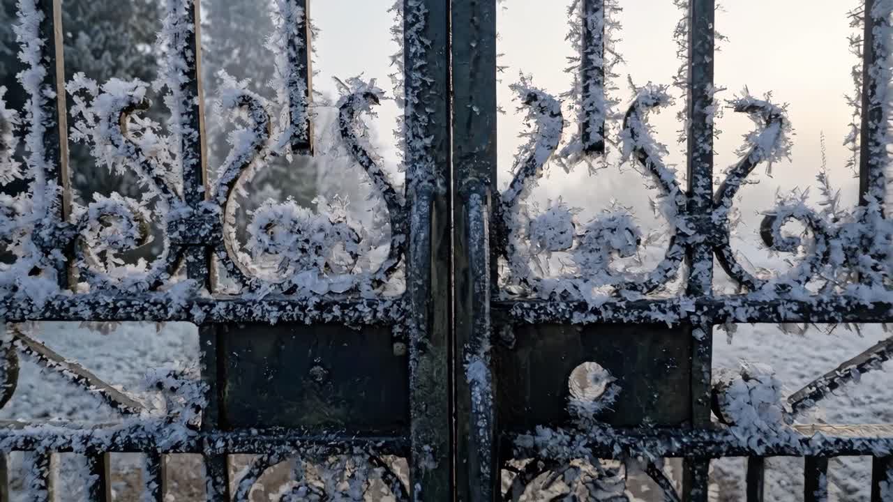 Frosted Ornate Wrought Iron Gate on a Cold Winter Morning